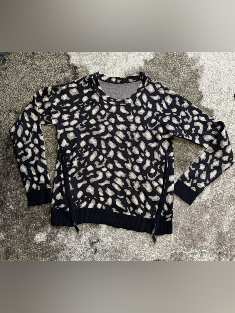 Leopard Print Crewneck Sweater with Side Zips - Black, taupe & glitter beige